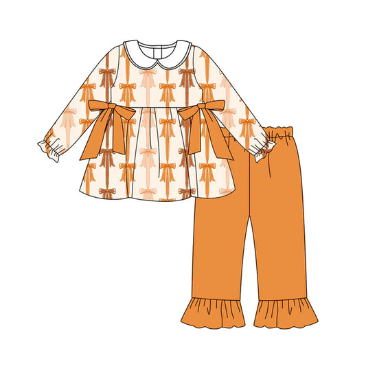 Preorder (moq 5)Baby Girls Long Sleeves Yellow Bows Stripe Tunic Ruffle Pant Set 7.1