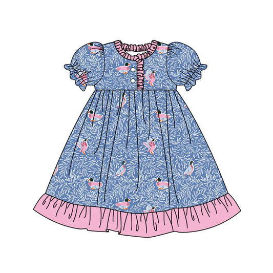 Preorder(moq 8)Baby Girls Blue Floral Ducks Button Ruffle Knee Length Dresses 9.27