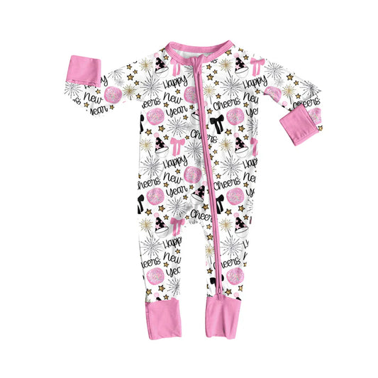 Preorder (moq 5)Baby Girls Pink Long Sleeves Happy New Year Stars Zipper Romper 7.3