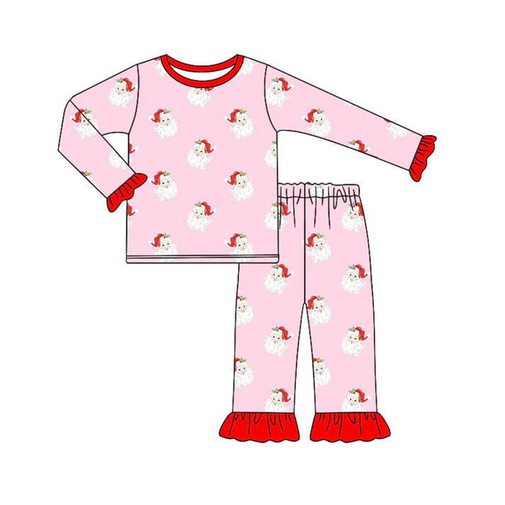 Preorder (moq 5)Baby Girls Pink Long Ruffle Sleeves Santa Top Pant Pajamas Set 6.17