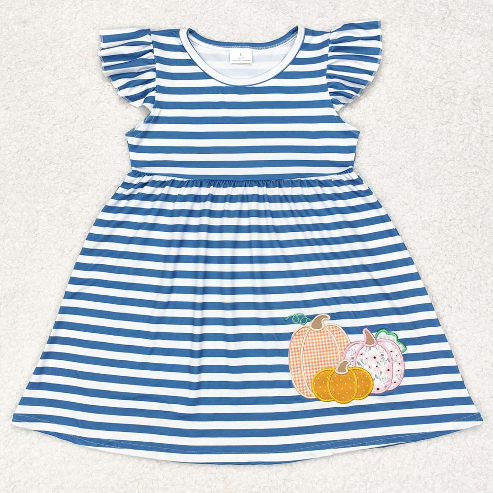 Baby Girls Swimsuits Blue Stripes Pumpkin Flutter Sleeve Knee Length Dresses GSD1254