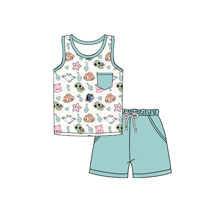 Preorder moq 5 Baby Boys Mint Sleeveless Pocket Cartoon Fishes Top Short Set 4.14