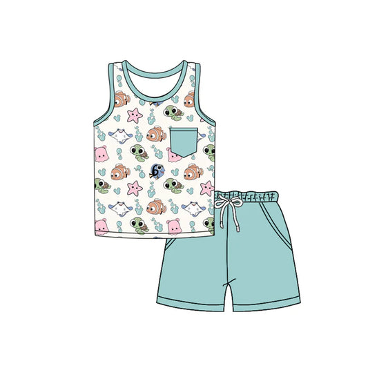 Preorder moq 5 Baby Boys Mint Sleeveless Pocket Cartoon Fishes Top Short Set 4.14