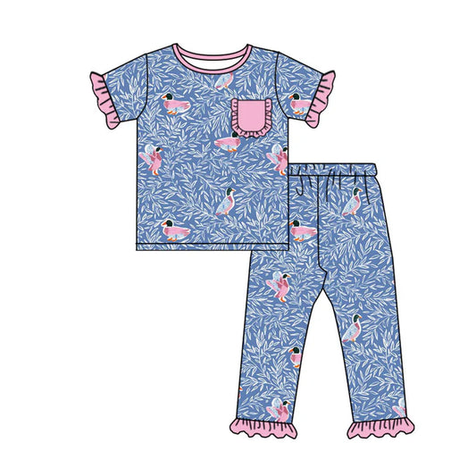 Preorder(moq 8)Baby Girls Pocket Top Floral Ducks Ruffle Pants Pajamas Sets 9.27
