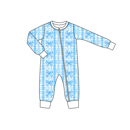 Preorder (moq 5)Baby Boys Long Sleeves Blue Bows Flowers Plaid Zipper Pant Rompers 6.13