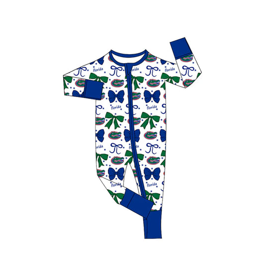 Preorder(moq 5)Baby Girls Blue Florida Bows Zipper Footie Rompers 8.29
