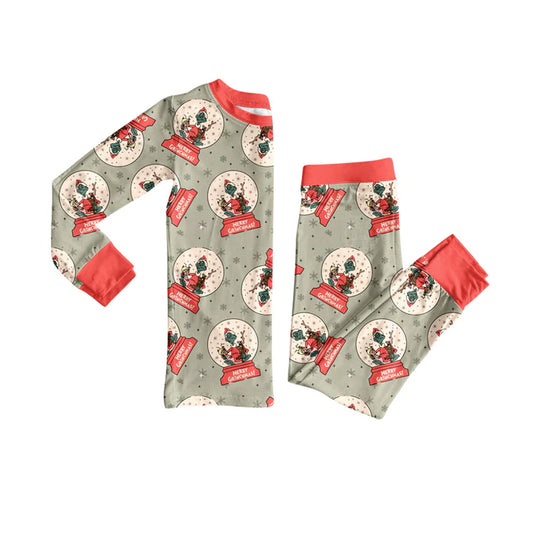 Preorder (moq 5)Baby Girls Green Face Merry Christmas Top Pant Pajamas Set 8.4