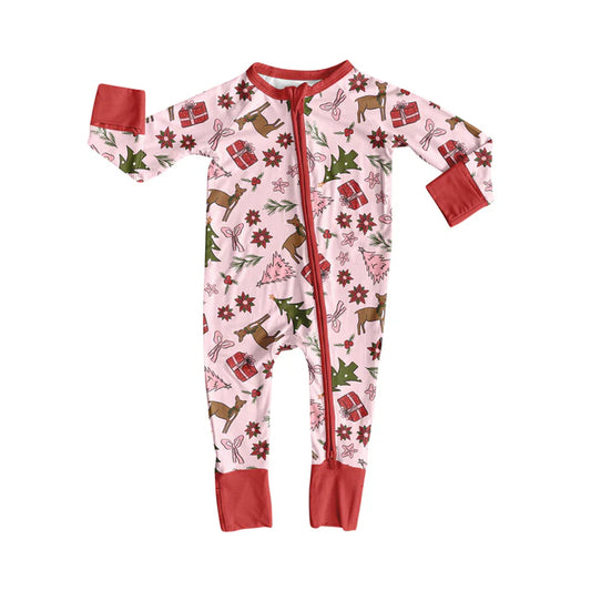 Preorder (moq 5)Baby Girls Pink Long Sleeves Bows Holly Deer Zipper Romper 7.3