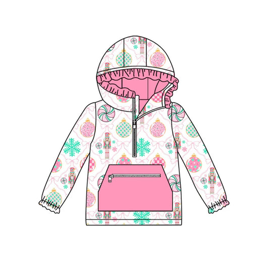 Preorder (moq 8)Baby Girls Pink Bows Soldiers Pocket Zipper Christmas Ruffle Hoodies Top 9.10