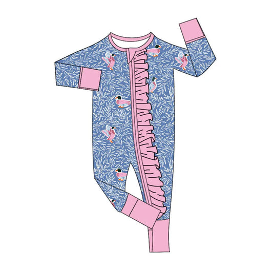 Preorder (moq 8)Baby Girls Blue Floral Ducks Ruffle Zipper Footie Rompers 9.27
