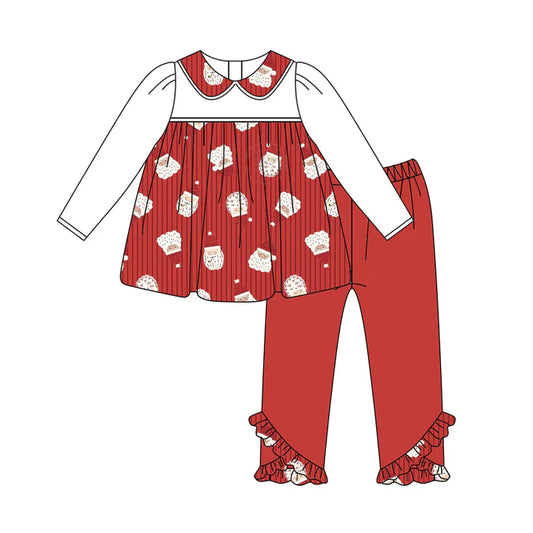 Preorder (moq 5)Baby Girls Long Sleeves Red Santa Plaid Tunic Ruffle Pant Set 6.3