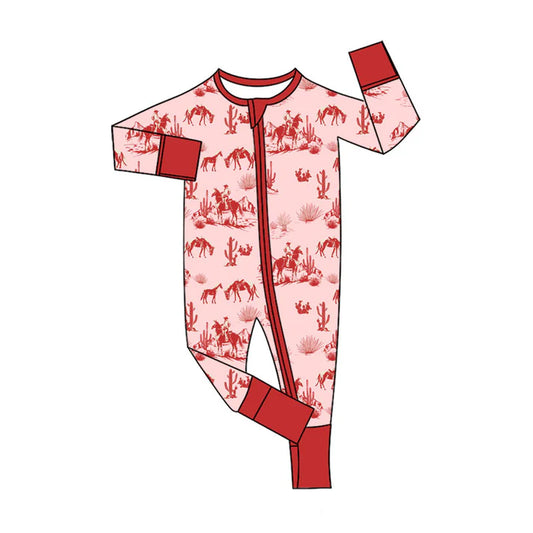 Preorder (moq 5)Baby Girls Red Long Sleeve Cactus Horse Rodeos Western Two Way Zipper Convertible Rompers 11.12