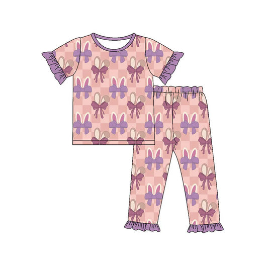 Preorder (moq 8)Baby Girls Pink Checked Rabbits Bows Top Ruffle Pants Easter Pajamas Sets 9.17