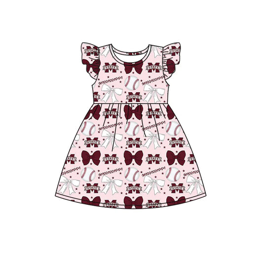 Preorder (moq 5)Baby Girls Flutter Sleeves Baseballs Bows M State Team Knee Length Dresses 6.16