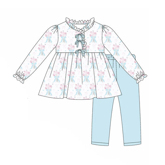 preorder(moq 5) Baby Girls Long Ruffle Sleeves Blue Bows Flowers Plaid Tunic Legging Pants Set 7.25