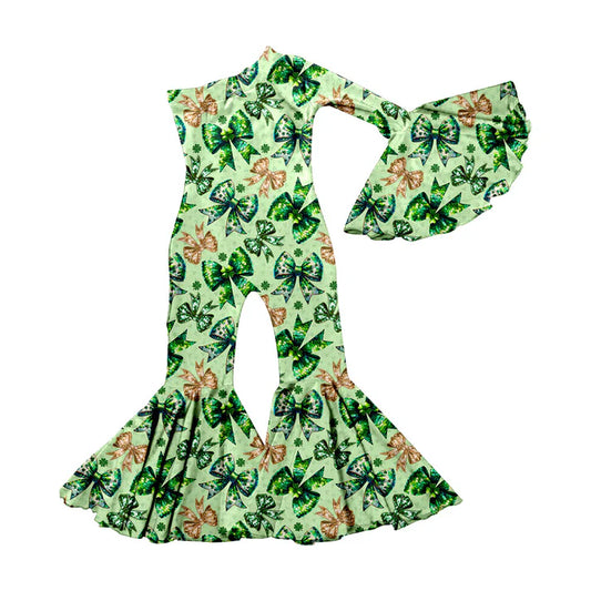 Preorder(moq 5) Baby Girls Green Clovers Bows St Patrick Bell Bottom Jumpsuits 11.14