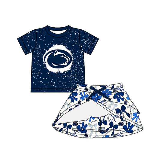 Preorder (moq 5)Baby Girls Hot Blue Short Sleeves Penn State Top Bows Plaid Skorts Team Set 6.16