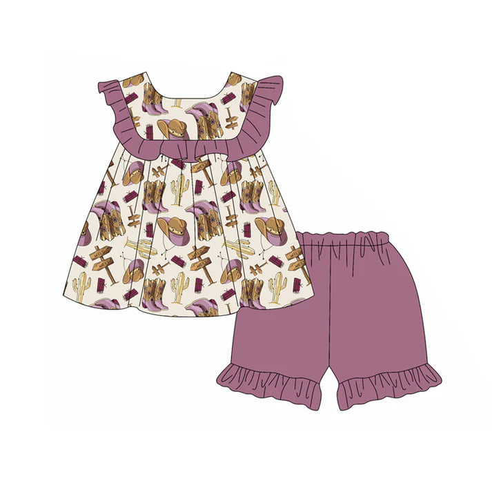 Preorder moq 5 Baby Girls Sleeveless Boots Cactus Tunic Purple Ruffle Short Set 4.18