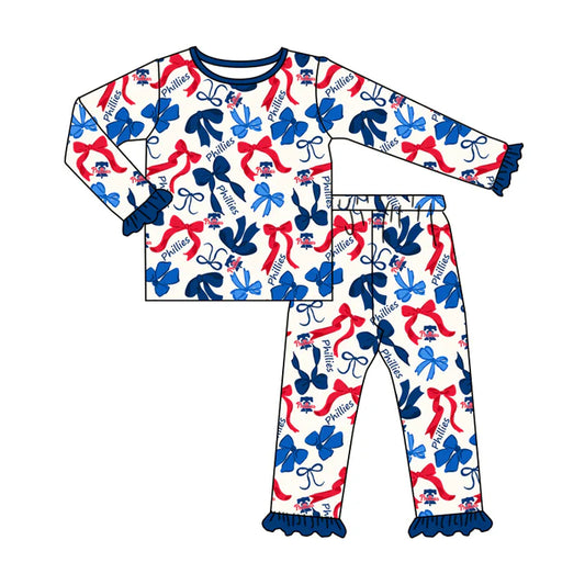 Preorder MOQ 5 Long sleeves red blue bow P kids girls team pajamas 8.27