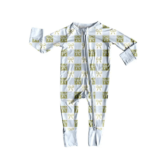 Preorder (moq 5)Baby Girls Long Sleeves Blue Green Plaid Bows Zipper Rompers 5.24