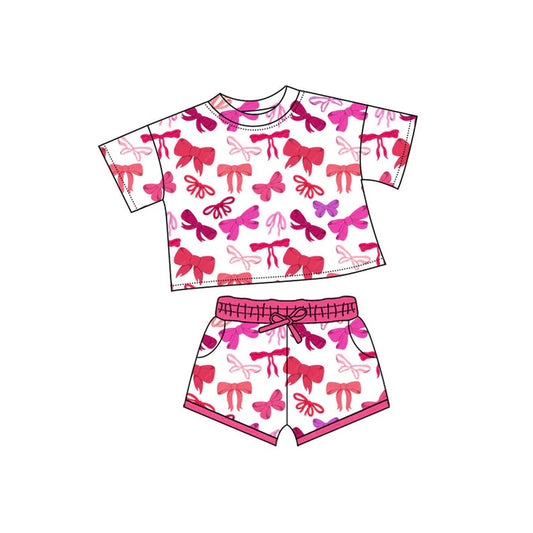 Preorder(moq 5) Baby Girls Red Pink Bows Plaid Top Pockets Shorts Valentine Clothes Sets 10.4