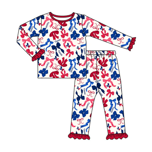 Preorder MOQ 5 Long sleeves T red blue bow kids girls team pajamas 8.25