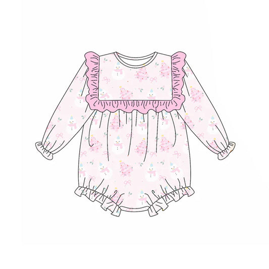 Preorder (moq 5)Baby Girls Long Sleeves Pink Snowmen Trees Ruffle Rompers 5.17
