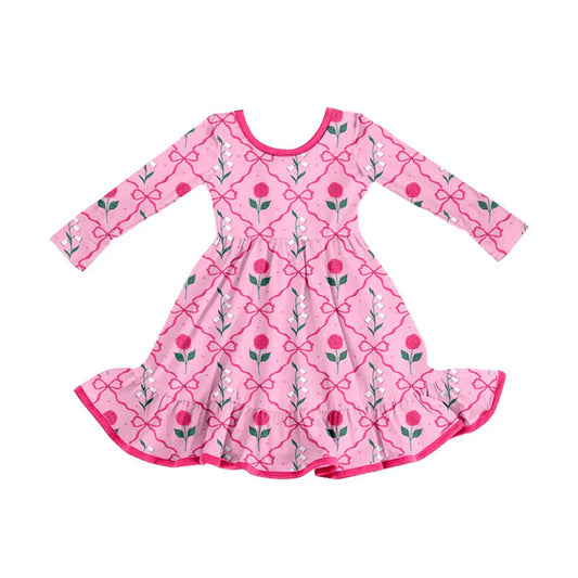Preorder (moq 8)Baby Girls Pink Bows Flowers Checked Ruffle Knee Length Dresses 9.8