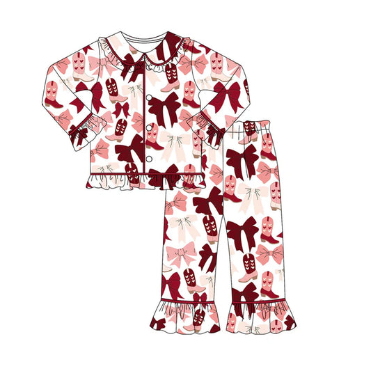 Preorder (moq 8)Baby Girls Dark Red Bows Boots Button Top Ruffle Pants Pajamas Sets 9.22