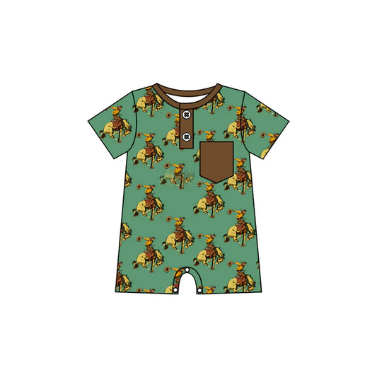 Preorder (moq 5)Baby Boys Green Horse Rodeos Button Pocket Western Short Rompers 10.28