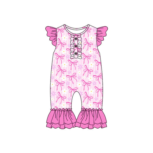 Preorder (moq 5)Baby Girls Hot Pink Bows Flowers Flutter Sleeve Rompers 6.9