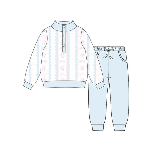 Preorder(moq 5) Baby Girls Flowers Bows Stripe Button Top Pockets Jogger Clothes Sets 10.31