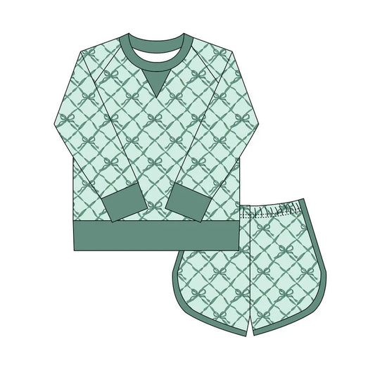 Preorder(moq 8)Baby Girls Green Bows Checked Long Sleeve Top Shorts St Patrick Clothes Set 9.27
