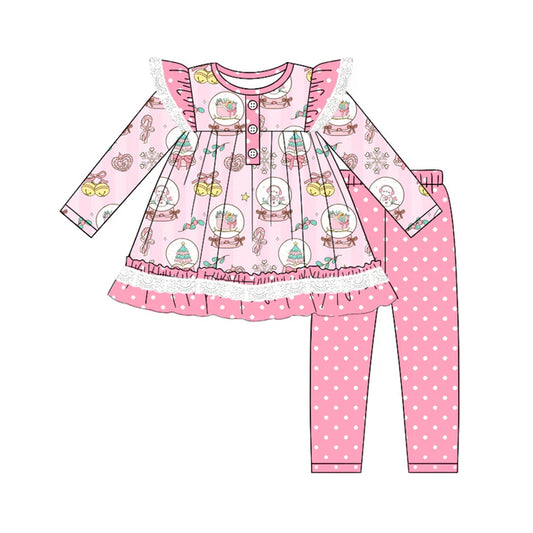 Preorder (moq 5)Baby Girls Pink Snowmen Trees Button Tunic Polka Dots Legging Pant Set 5.19