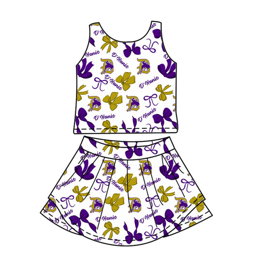 Preorder (moq 5)Baby Girls Purple Sleeveless Horse Rodeos Bows Plaid Top Skorts Team Set 6.30