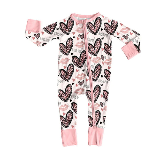 Preorder (moq 8)Baby Girls Pink Leopard Hearts Kiss Me Valentine Zipper Footie Rompers 9.15