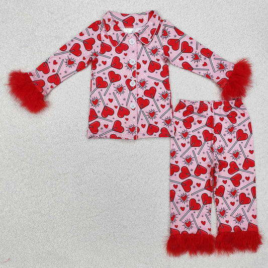 Baby Girls Pajamas Valentines Candy Fur Button Ups Top Pants Pajamas Clothes Sets GLP2266