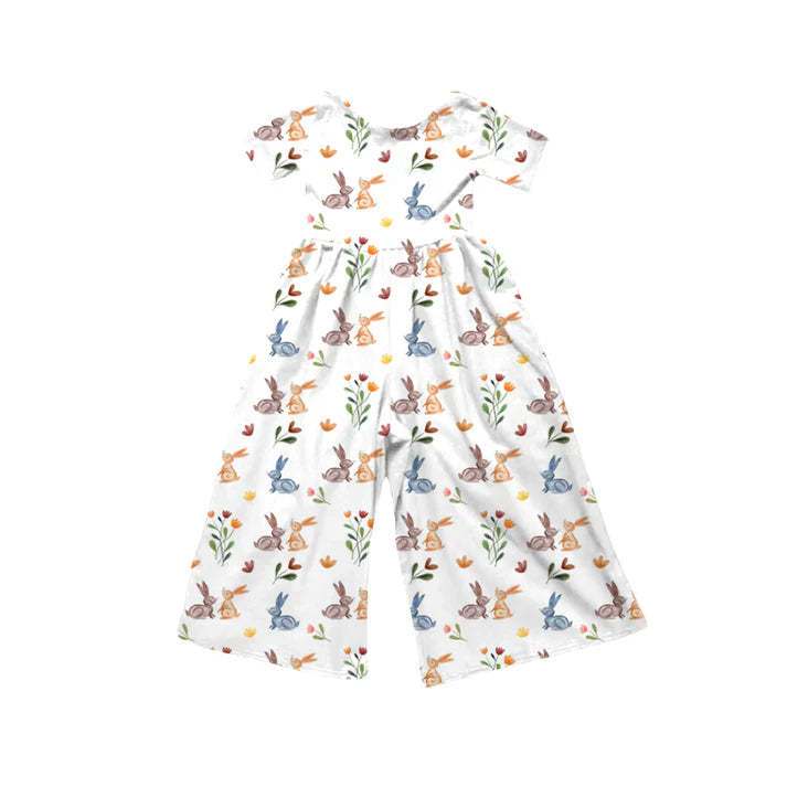 Preorder (moq 5)Baby Girls Short Sleeve Colorful Flowers Rabbits Easter Jumpsuits 12.6