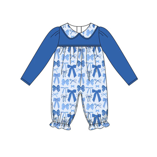 Preorder (moq 5)Baby Girls Hot Blue Long Sleeves Bows Plaid Ruffle Pant Rompers 5.27