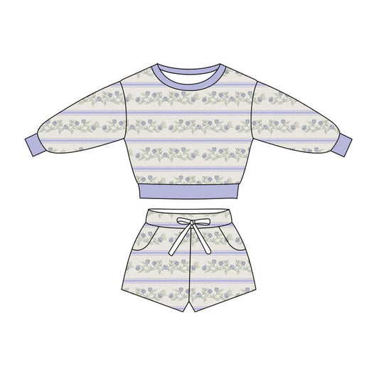 Preorder(moq 5) Baby Girls Lavender Flowers Stripe Long Sleeve Pockets Shorts Clothes Sets 10.27