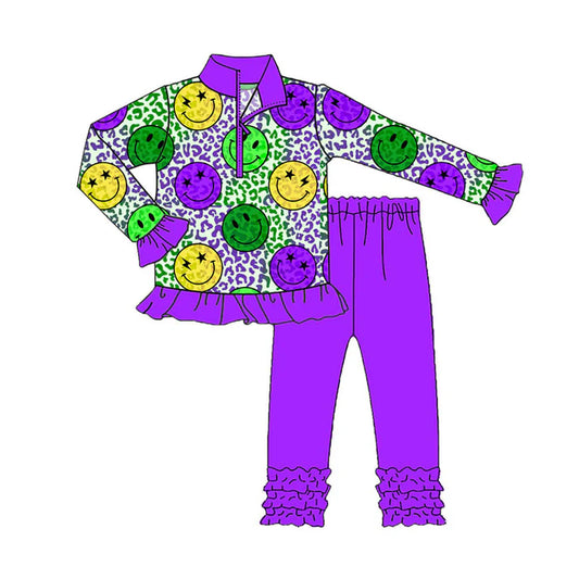 Preorder (moq 5)Baby Boys Mardi Gras Smiles Leopard Zipper Pullover Ruffle Leggings Clothes Sets 9.3