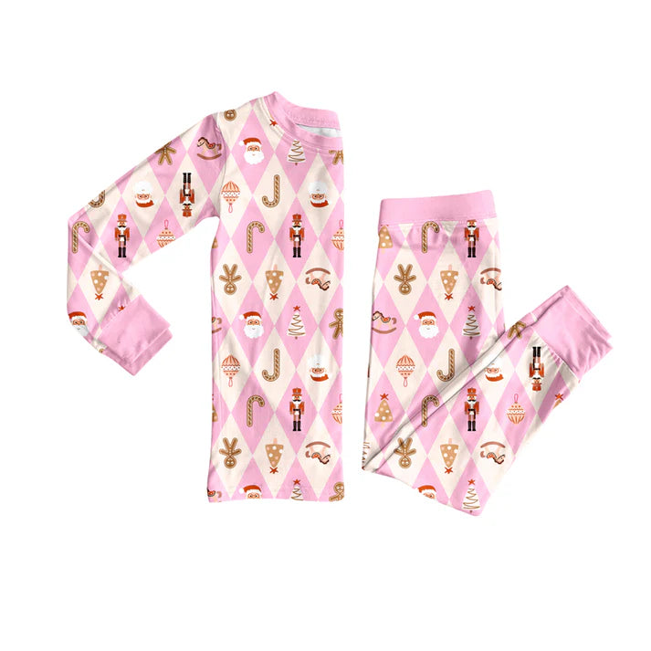 Preorder (moq 5)Baby Girls Pink Plaid Long Sleeves Soldier Santa Top Pant Pajamas Set 6.17