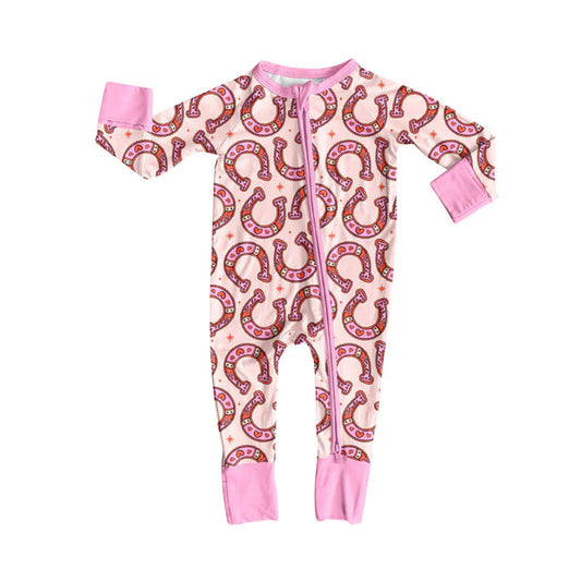 Preorder (moq 8)Baby Girls Long Sleeve Horse Shoes Hearts Zipper Footie Rompers 9.18