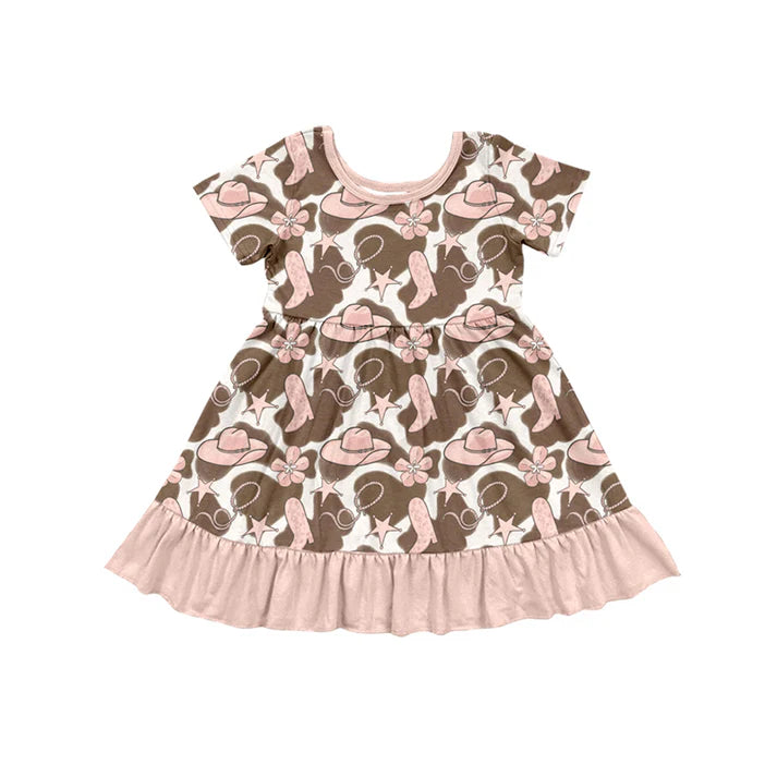 Preorder (moq 5)Baby Girls Pink Boot Hats Flowers Western Ruffle Knee Length Dresses 12.4