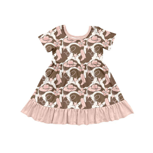 Preorder (moq 5)Baby Girls Pink Boot Hats Flowers Western Ruffle Knee Length Dresses 12.4