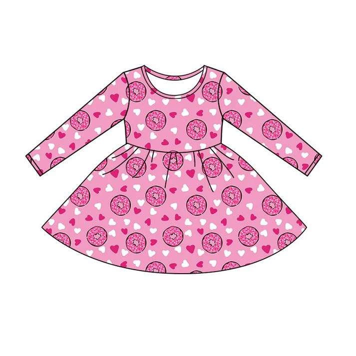 Preorder (moq 5)Baby Girls Pink Donuts Hearts Valentines Knee Length Dresses 11.20