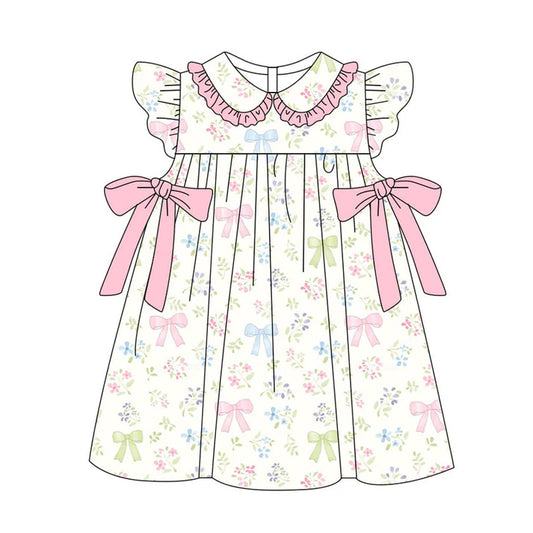 Preorder(moq 5) Baby Girls Flutter Sleeve Flowers Bows Knee Length Dresses 11.11