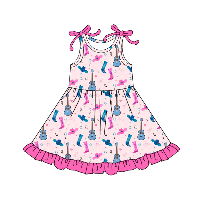 Preorder (moq 5)Baby Girls Bows Sleeveless Hats Boot Guitars Western Ruffle Knee Length Dresses 12.18