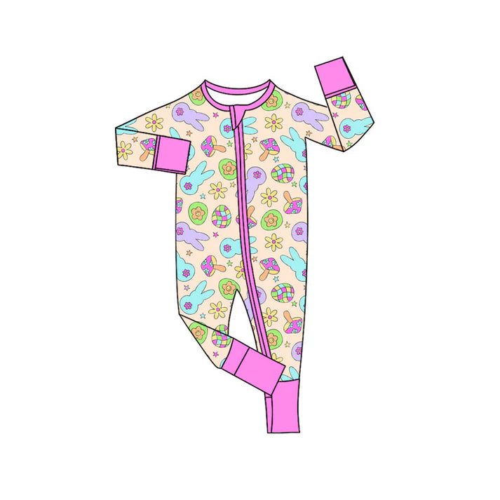 Preorder (moq 5)Baby Girls Colorful Rabbits Eggs Easter Two Way Zip Convertible Rompers 11.10