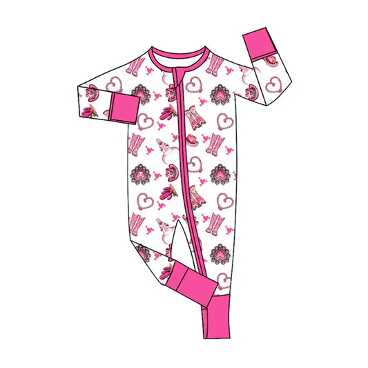 Preorder (moq 5)Baby Girls Boots Cactus Hearts Western Two Way Zip Convertible Rompers 11.8